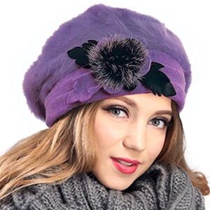 Women's Angora Wool Beret Beanie Cap Hat Purple with Black Floral Accent